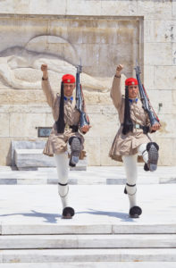 Evzone soldiers performing change of guard, Athens, Greece, Europe, Evzone soldiers performing change of guard, Athens, Greece, Europe,